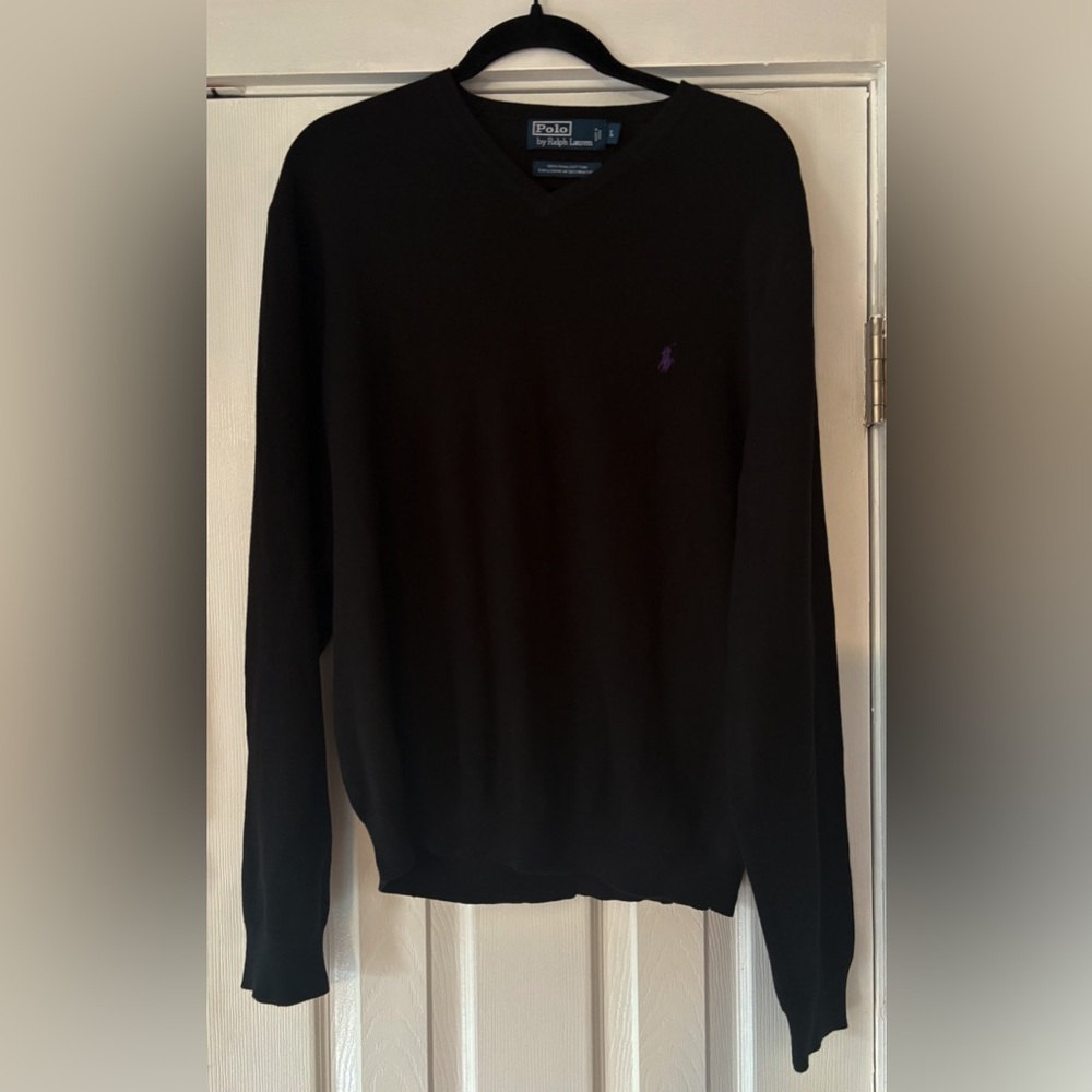Ralph Lauren Black Crewneck Pima Cotton Sweater with Purple Logo Size Large EUC